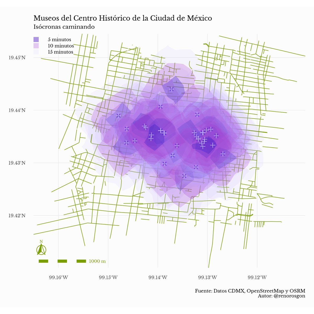 René (@renorosgon) on Twitter photo #30DayMapChallenge
Día 12 - Tiempo y espacio
Pasó de ser algo analítico a algo que evoca a las jacarandas de la CDMX. Aquí muestro la distancia que puedes recorrer a pie desde cada uno de los museos del Centro Histórico usando data de <a href="/openstreetmapmx/">OpenStreetMapMX</a> y <a href="/ProjectOSRM/">Project OSRM</a>
#rstats #30DayMapChallenge
Día 12 - Tiempo y espacio
Pasó de ser algo analítico a algo que evoca a las jacarandas de la CDMX. Aquí muestro la distancia que puedes recorrer a pie desde cada uno de los museos del Centro Histórico usando data de <a href="/openstreetmapmx/">OpenStreetMapMX</a> y <a href="/ProjectOSRM/">Project OSRM</a>
#rstats
