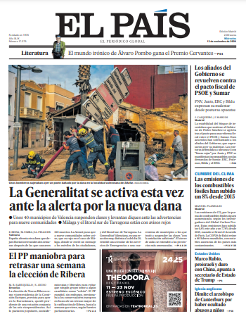 🗞️ #Portada | La Generalitat se activa esta vez ante la alerta por la nueva dana; Los aliados del Gobierno se revuelven contra el pacto fiscal de PSOE y Sumar; El PP maniobra para retrasar una semana la elección de Ribera, en EL PAÍS este miércoles 13 de noviembre