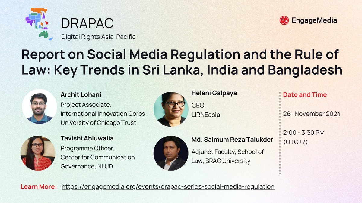EngageMedia's tweet photo. How do we make sense of social media regulation in Sri Lanka, India, and Bangladesh?

Join the discussion on Nov 26 with Archit Lohani, Tavishi Ahluwalia, Helani Galpaya, and Mr. Md. Saimum Reza Talukder about the key regulatory trends in these countries.

https://t.co/kGSTwb4saR https://t.co/c3zOFXkgIj