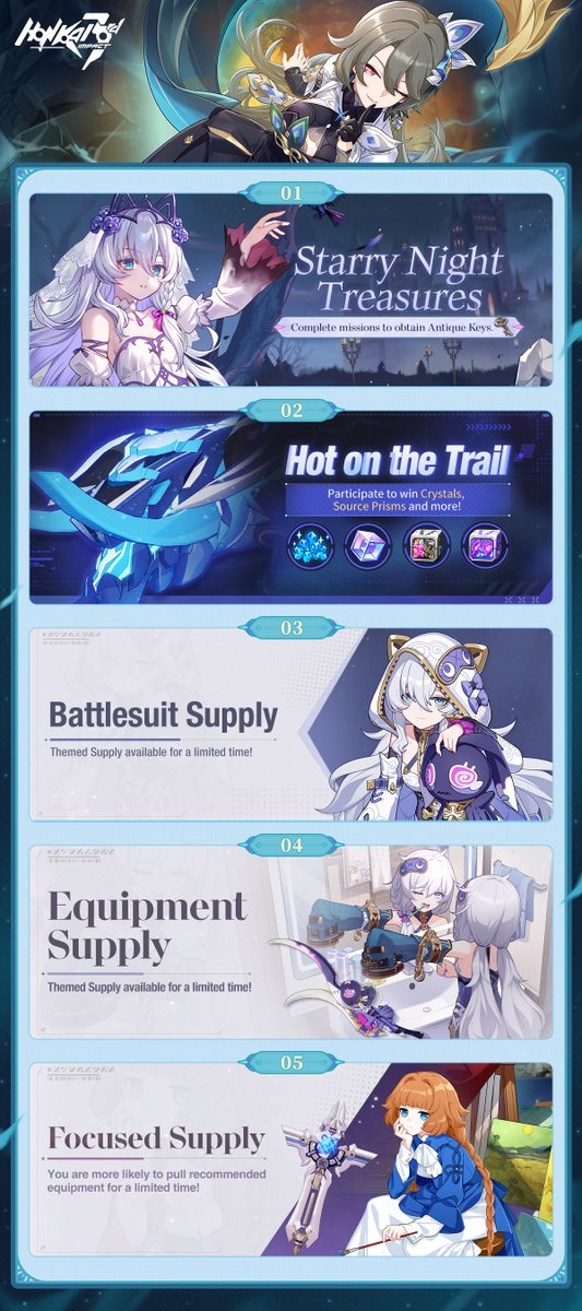 HonkaiImpact3rd's tweet photo. ☆☆ Weekly Events Update ☆☆
On NOV 14, Starry Night Treasures and Hot on the Trail begin!
From NOV 15, various Supply events will be available! Stay tuned!
※ Please follow our announcements for further details.
#yesVita
#PlanetaryRewind
#HonkaiImpact3rd https://t.co/kgc5bWcrP9