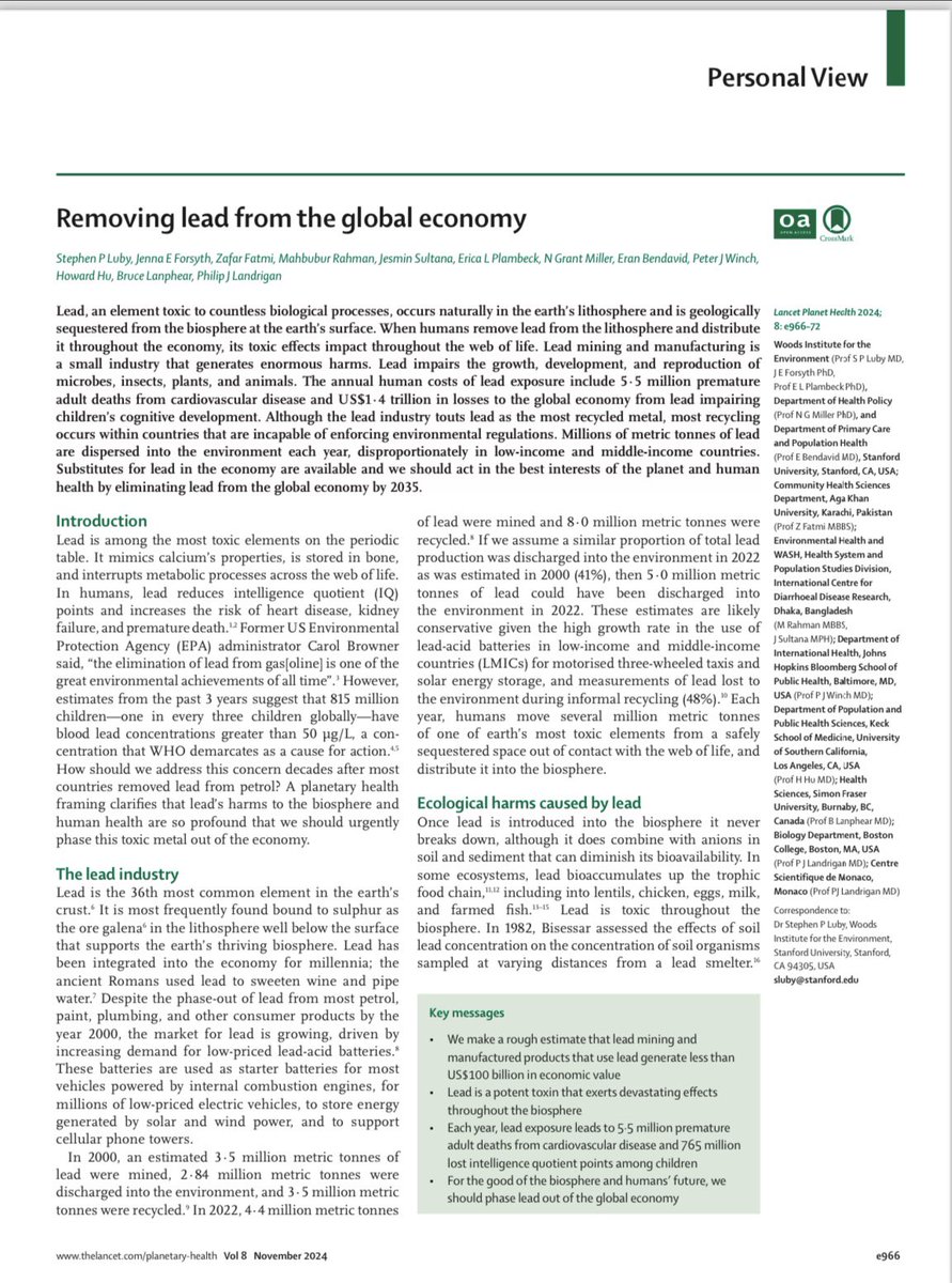 AKU Community Health Sciences (@aku_chs) on Twitter photo In this important publication in <a href="/TheLancetPlanet/">The Lancet Planetary Health</a>, Prof <a href="/fatmi_zafar/">Zafar Fatmi</a> argues how we allow trillions of dollars of damage to ecosystem and economy to accrue benefits of few billions. Safer alternates to lead are available and must be adopted!
sciencedirect.com/science/articl… In this important publication in <a href="/TheLancetPlanet/">The Lancet Planetary Health</a>, Prof <a href="/fatmi_zafar/">Zafar Fatmi</a> argues how we allow trillions of dollars of damage to ecosystem and economy to accrue benefits of few billions. Safer alternates to lead are available and must be adopted!
sciencedirect.com/science/articl…