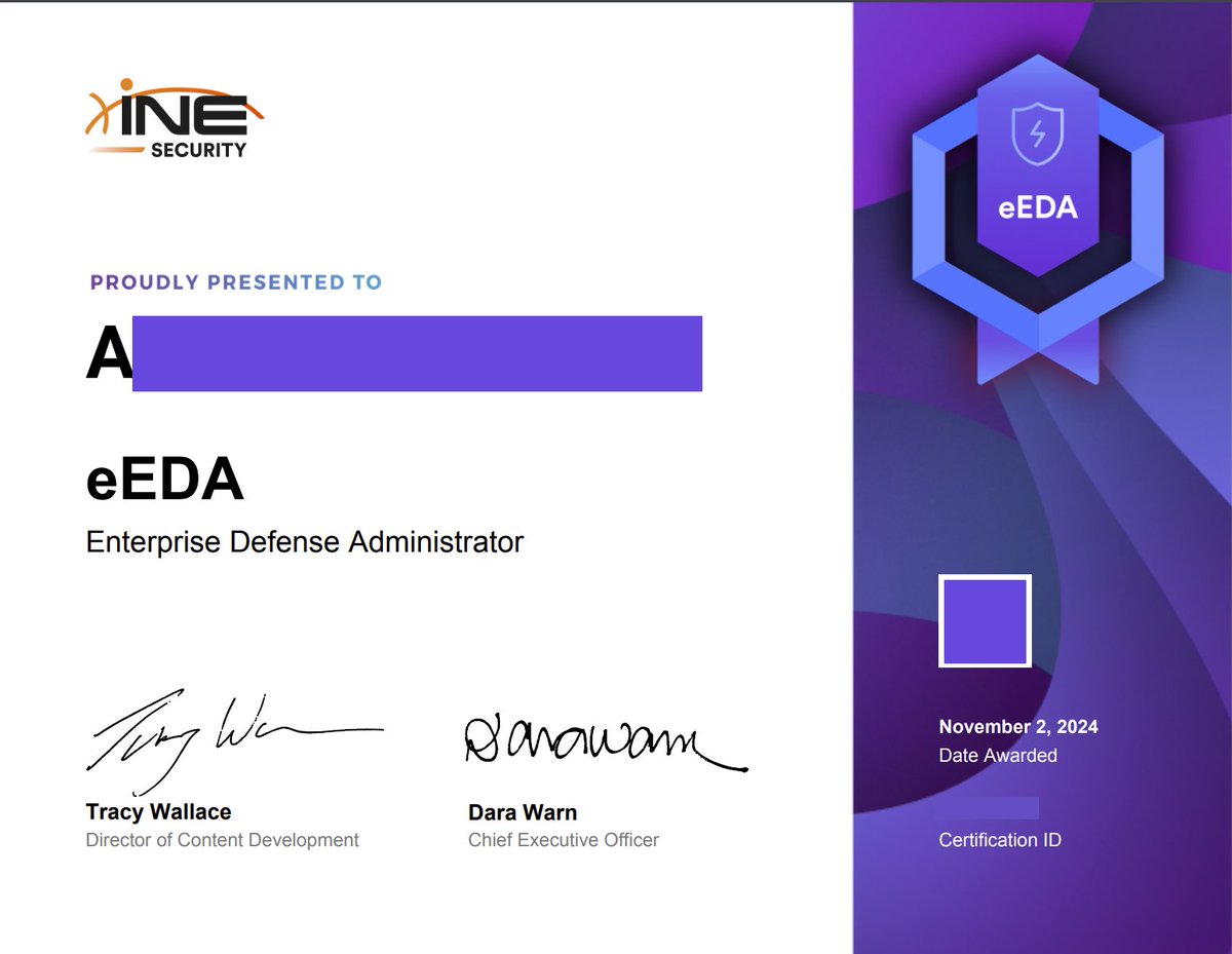 Ripp3rdoc's tweet image. Happy to announce that I&apos;ve passed Enterprise Defense Administrator (#eEDA) from @ine