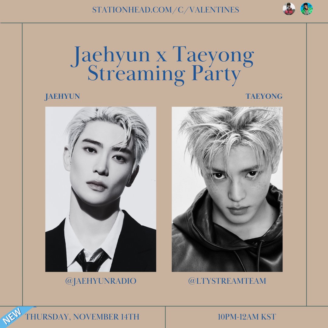 LTYStreamTeam's tweet image. Tyongfs and Vals! Join us and @JaehyunRadio
for a #JAEHYUNxTAEYONG Streaming Party tomorrow! This is a reschedule of our sessions from September. We hope you can join! 🌹🍑

📅Thurs, Nov 14th
⏰10pm-12am KST  
🎧stationhead.com/c/Valentines

#TAEYONG #JAEHYUN
