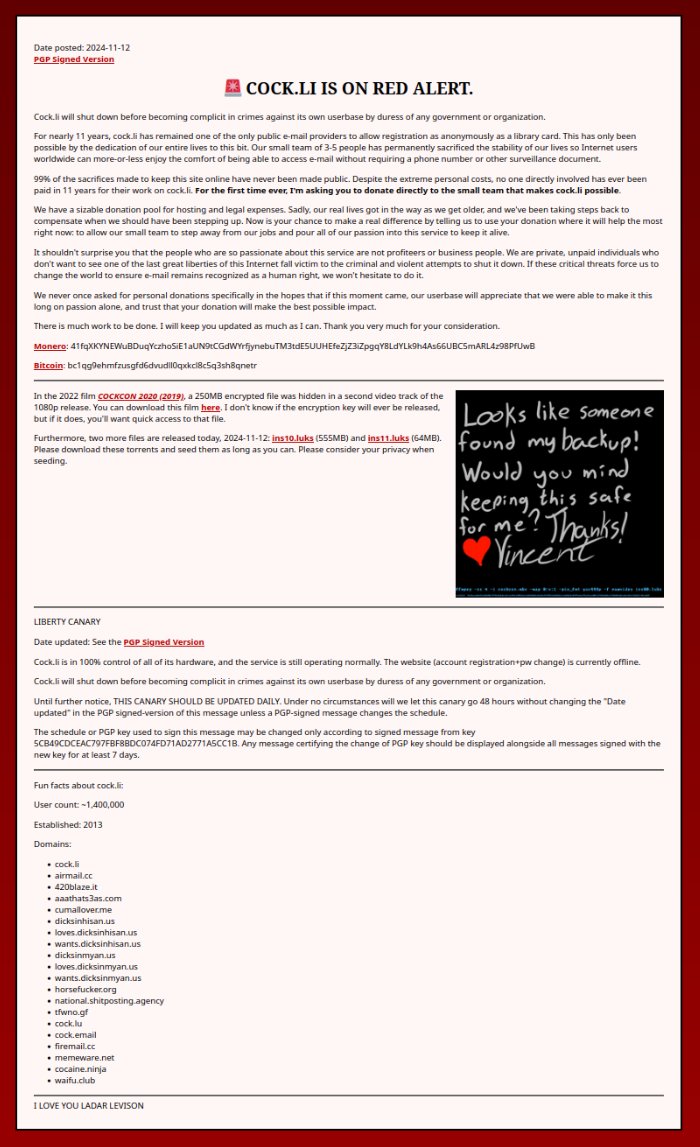 Cock.li has issued a "RED ALERT" as it faces a major threat, requiring the team to work full-time to keep the service online. Without user support—through donations and spreading awareness—the service might shut down. The account registration and password change