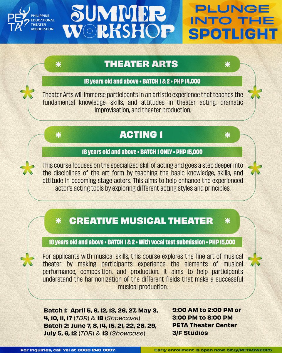 petatheater's tweet photo. Looking for your next summer escape? Check out the schedules of #PETASummerWorkshop2025 here below! 🌴🌊

Hurry, enroll now via https://t.co/b7NZEHOvSY until slots last!

#PETAWorkshops #PETATheater https://t.co/SFkGLSMbt6