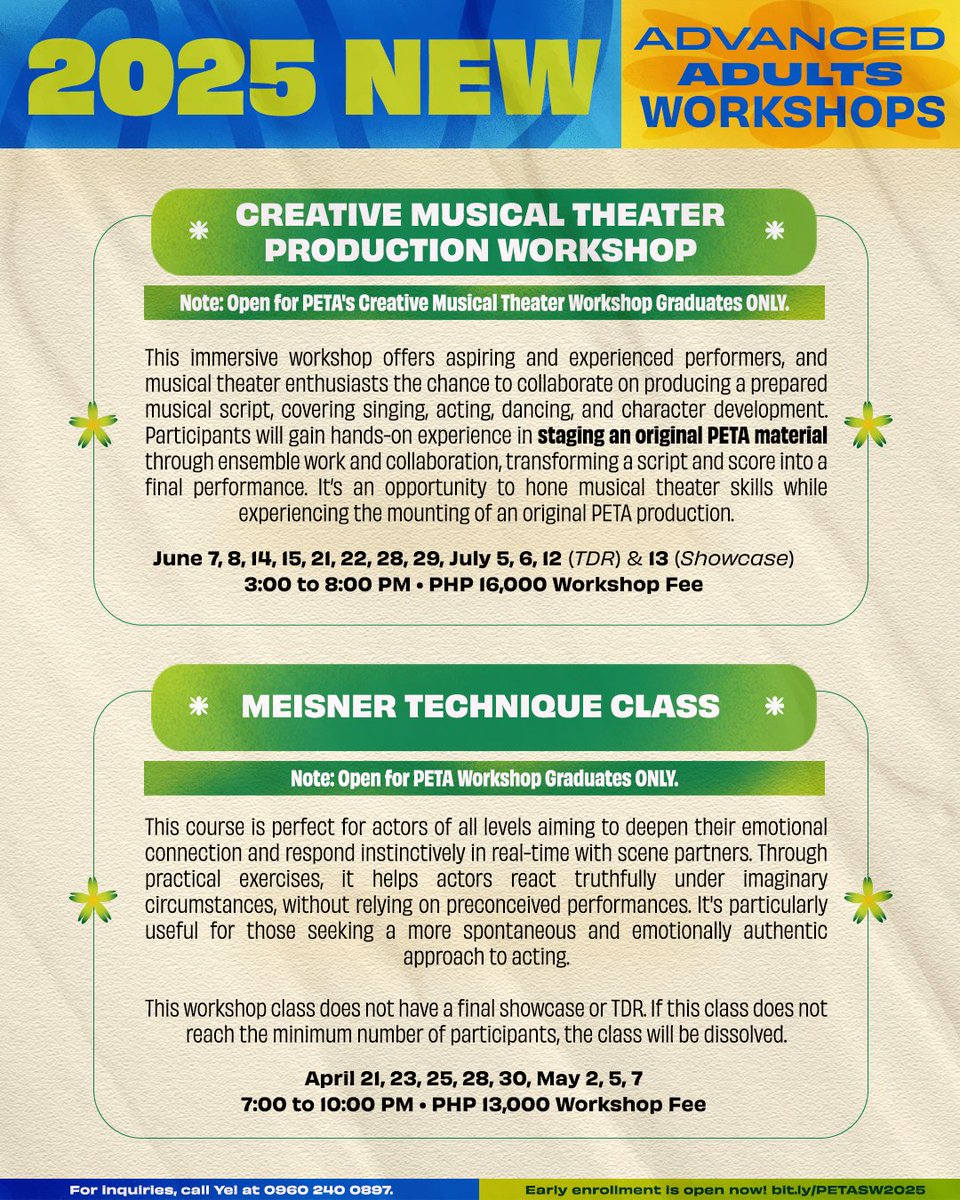 petatheater's tweet photo. Looking for your next summer escape? Check out the schedules of #PETASummerWorkshop2025 here below! 🌴🌊

Hurry, enroll now via https://t.co/b7NZEHOvSY until slots last!

#PETAWorkshops #PETATheater https://t.co/SFkGLSMbt6