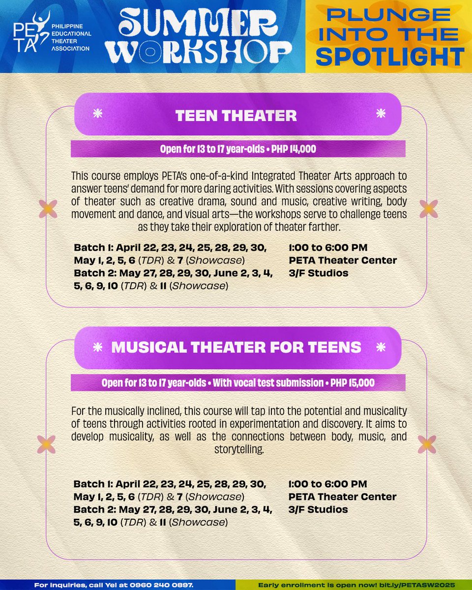 petatheater's tweet photo. Looking for your next summer escape? Check out the schedules of #PETASummerWorkshop2025 here below! 🌴🌊

Hurry, enroll now via https://t.co/b7NZEHOvSY until slots last!

#PETAWorkshops #PETATheater https://t.co/SFkGLSMbt6