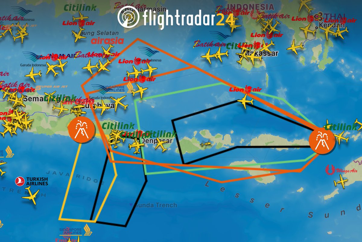 Dueling volcanoes in Indonesia. 

To see 🌋 eruptions and ash cloud forecasts, tap Weather > Volcanic eruption. 

To see a text version of the latest VAAC ash advisory, tap the volcano icon on the map.