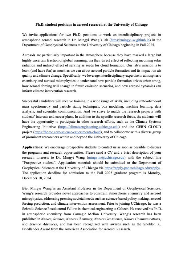 Mingyi Wang (@_mingyi_wang_) on Twitter photo 🌟 Job Alert! We're seeking 2 PhD students to join our lab <a href="/GeoSci_UChicago/">UChicago GeoSci</a> in Fall 2025. We use cutting-edge experiments and modeling to advance our understanding of aerosol formation and its impact on air quality & climate change. RT<a href="/AtmChemAeroJobs/">Jobs in Atmos. Chem. & Aerosols - Now on Bluesky</a> <a href="/earth_jobs/">Earth and Environmental Science Faculty Jobs</a> <a href="/Research_Jobss/">Research Jobs in Earth/Environmental Sciences</a> 🌟 Job Alert! We're seeking 2 PhD students to join our lab <a href="/GeoSci_UChicago/">UChicago GeoSci</a> in Fall 2025. We use cutting-edge experiments and modeling to advance our understanding of aerosol formation and its impact on air quality & climate change. RT<a href="/AtmChemAeroJobs/">Jobs in Atmos. Chem. & Aerosols - Now on Bluesky</a> <a href="/earth_jobs/">Earth and Environmental Science Faculty Jobs</a> <a href="/Research_Jobss/">Research Jobs in Earth/Environmental Sciences</a>