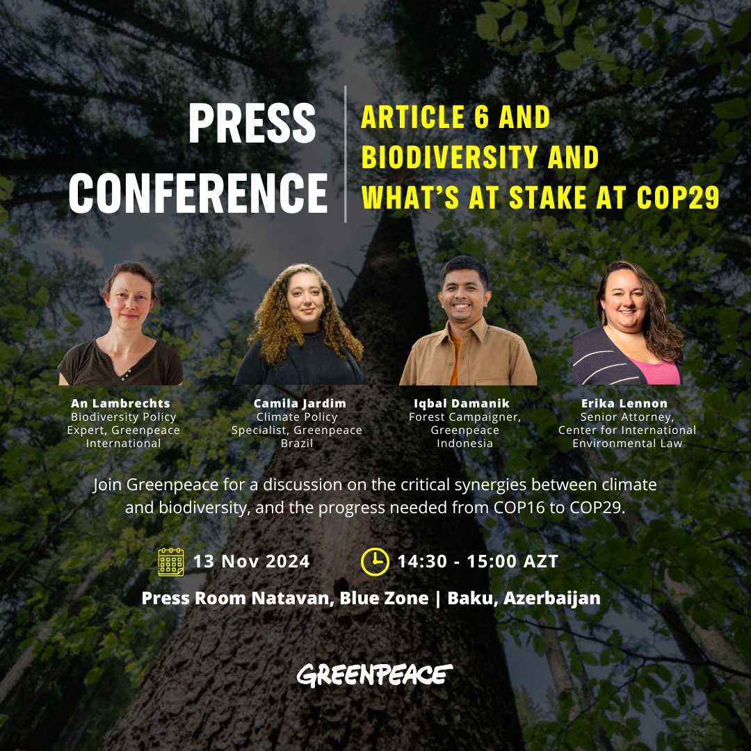 #COP29 Press Conference Advisory: Article 6 and Biodiveristy and What's at Stake at COP29

📅: Weds 13 Nov 2024
⏰: 14:30-15:00 AZT
📍: Press Conference Room Natavan