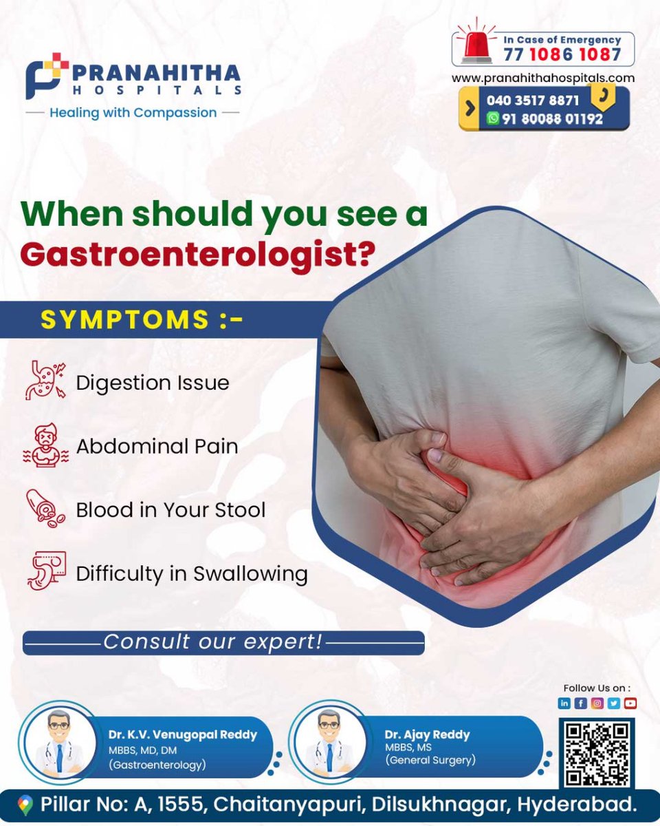 Pranahithahosp's tweet image. Digestive concerns? Learn when to consult a gastroenterologist. Don&apos;t ignore gut health empower yourself with expert guidance
Book Your Appointment Now
Contact: 80088 01192

#gastroenterology #digestionproblems #DigestiveSupport #digestiontips #gastrologyHealth #DigestiveWellness