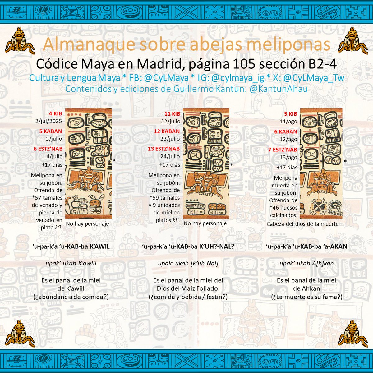 CyLMaya_Tw's tweet photo. ⚠️ En algunas secciones aparece un augurio entre paréntesis y signos de interrogación. Estos no están de forma explícita en el texto jeroglífico pero se han reconstruido basados en el augurio más común asociado numen mencionado en el texto. 5/6 https://t.co/2LQq33nnXR