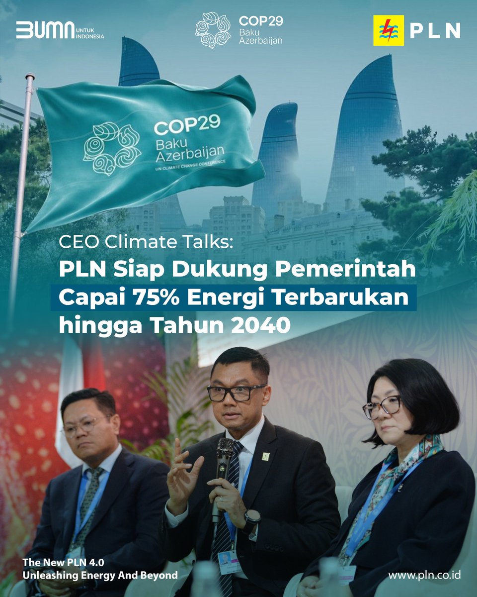 _pln_id's tweet photo. Electrizen, PLN siap mendukung visi Presiden RI, Prabowo Subianto dalam mencapai swasembada energi dengan meningkatkan pemanfaatan energi terbarukan sebesar 75% dari penambahan 100 GW pembangkit listrik hingga tahun 2040. 

#IndonesiaCOP29 #PrabowoAkselerasiTransisiEnergi https://t.co/0V0t8M8ox1
