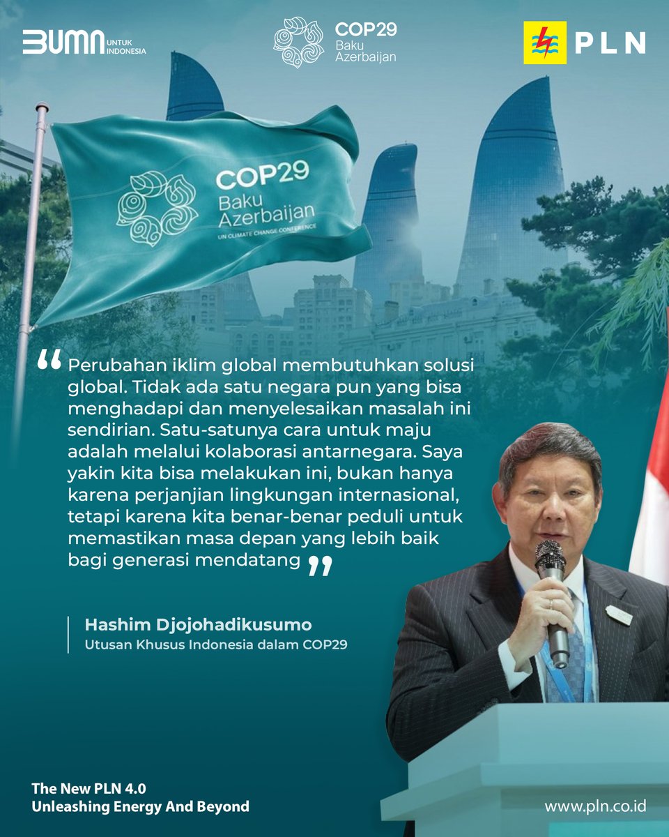 _pln_id's tweet photo. Electrizen, PLN siap mendukung visi Presiden RI, Prabowo Subianto dalam mencapai swasembada energi dengan meningkatkan pemanfaatan energi terbarukan sebesar 75% dari penambahan 100 GW pembangkit listrik hingga tahun 2040. 

#IndonesiaCOP29 #PrabowoAkselerasiTransisiEnergi https://t.co/0V0t8M8ox1