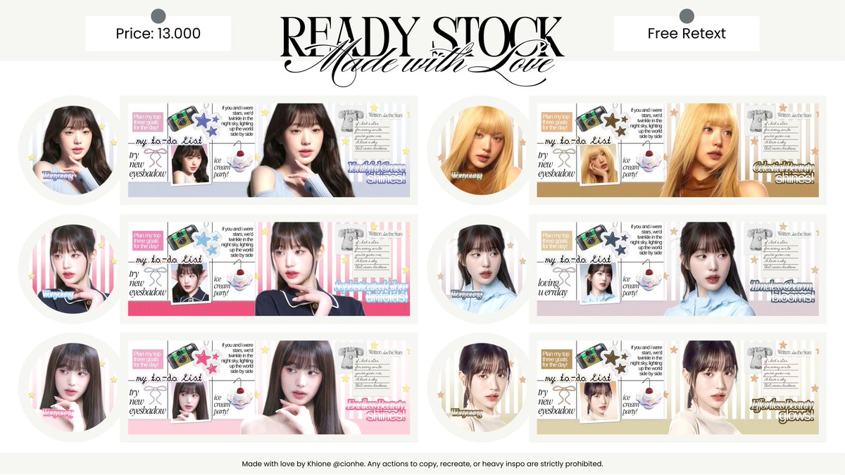 Any interaction will be appreciated!

Guten Tag! Khione ada layout ready stock Cherish, 13k/each sudah free retext, dan get 2 AVA PNG! Yang mau jajan bisa langsung DM Khione aja ia, thanks a bunch yeorobun! 🐰🥕

#zonauang