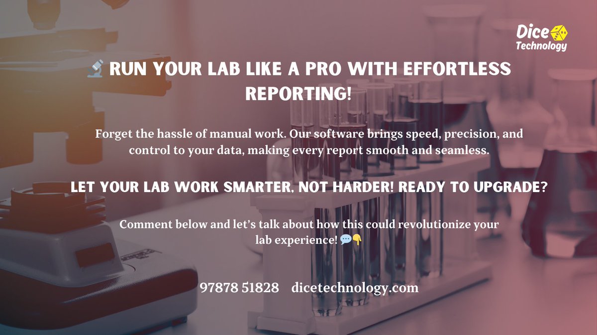 dicetechtrichy's tweet image. 🧪🔬 Lab reports taking up too much time? Meet our #LabReportingSoftware – your new lab reporting sidekick! Quick data entry, real-time tracking, and secure, sharable #reports—all in one place. 👩🔬
Detail and Discounts on Software
🤙97878 51828 🌐dicetechnology.com
#labtest