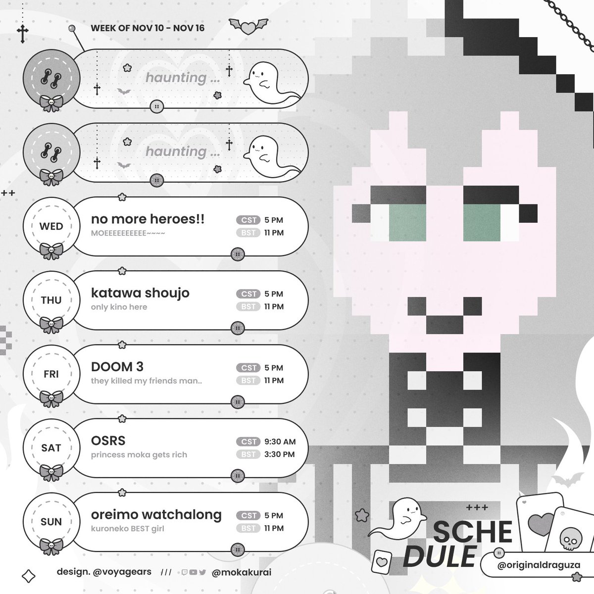 kirariyagi's tweet photo. ִֶָ༺♰༻
꩜ NOV 10 - NOV 16 SCHEDULE ๋࣭ ⭑
AFTER BEING SICK FOR SOOOO LONG am back baby with cool games and schtuff
🔗's below !
#ghostees https://t.co/xxZcwB2809