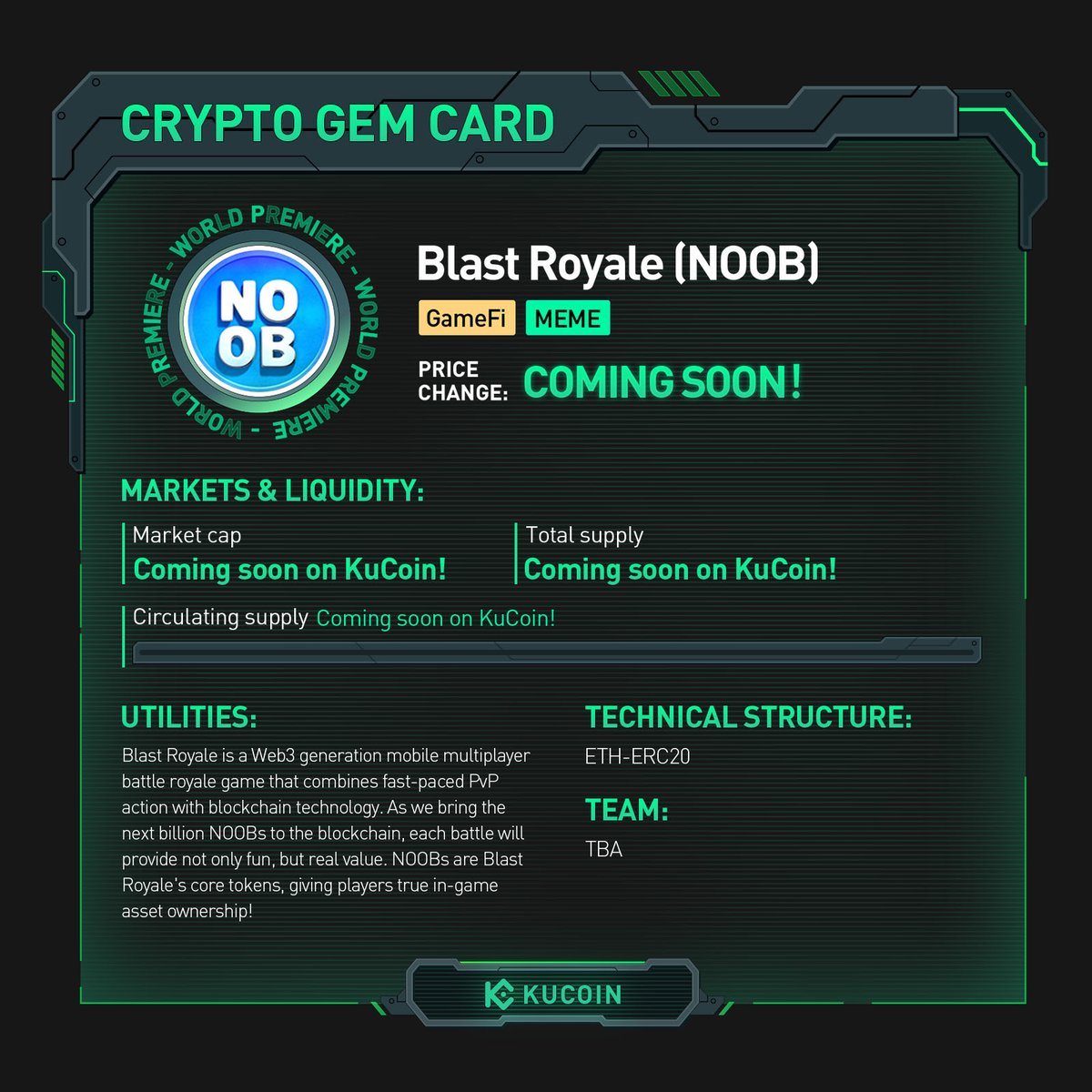 NOOB trading is now live on #KuCoin! 🚀NOOB/USDT: https://t.co/61uqD8GLVB  Find out more about @blastroyale in #KuCoinCryptoGem card. #GameFi #Meme