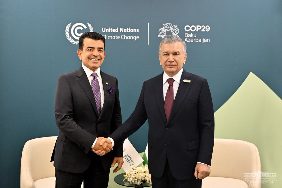 President Shavkat #Mirziyoyev met with <a href="/ICESCO_En/">ICESCO</a> Director General <a href="/SalimAlmalik/">Dr. Salim Al-Malik</a> on the margins of the climate summit in #Baku.
In order to advance joint humanitarian projects and generate new programs, a national commission for cooperating with #ICESCO will be established.