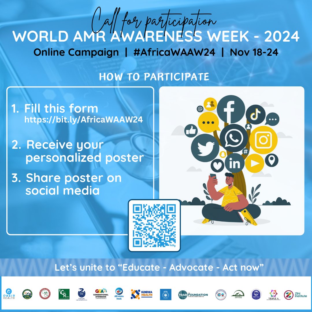 World AMR Awareness Week 2024 is coming! Join our online campaign by signing up for a personalized poster with your message for the community.
#AfricaWAAW24

🔗bit.ly/AfricaWAAW24
👇Check for steps to join