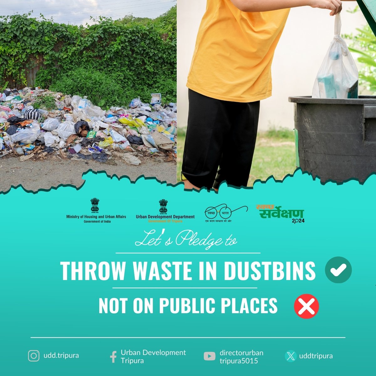 uddtripura's tweet photo. 📷📷 Keep It Clean, Keep It Green!
Dispose of waste responsibly—use dustbins, not public spaces. Let’s work together for a cleaner environment and show respect for our shared spaces. Every small effort counts! 📷#CleanIndia #UseTheBin #KeepItClean @MoHUA_India @SwachhBharatGov https://t.co/09z5RYZORp