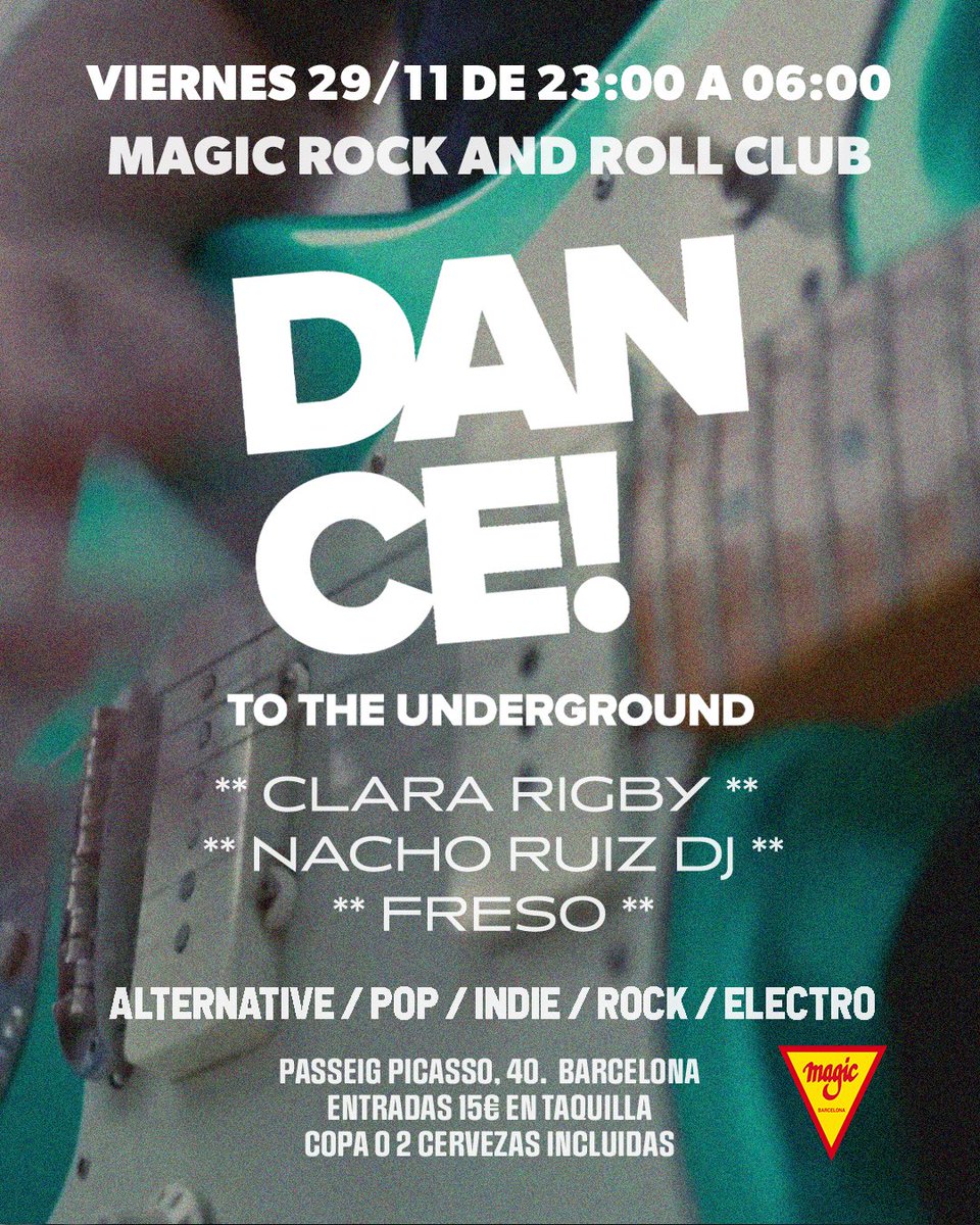 Dance To The Underground (@dttunderground) on Twitter photo Próxima parada: MAGIC!
📅 Viernes 29/11, de 23h a 06h
🎧 <a href="/VictorFreso/">Victor Freso</a> , Clara Rigby y <a href="/NachoRuiz/">Nacho Ruiz</a>
📍Magic Rock And Roll Club
🏘️ Passeig Picasso, 40
🎟️ 15€ en taquilla. Copa o dos cervezas incluidas
🤘❤️✨ Próxima parada: MAGIC!
📅 Viernes 29/11, de 23h a 06h
🎧 <a href="/VictorFreso/">Victor Freso</a> , Clara Rigby y <a href="/NachoRuiz/">Nacho Ruiz</a>
📍Magic Rock And Roll Club
🏘️ Passeig Picasso, 40
🎟️ 15€ en taquilla. Copa o dos cervezas incluidas
🤘❤️✨