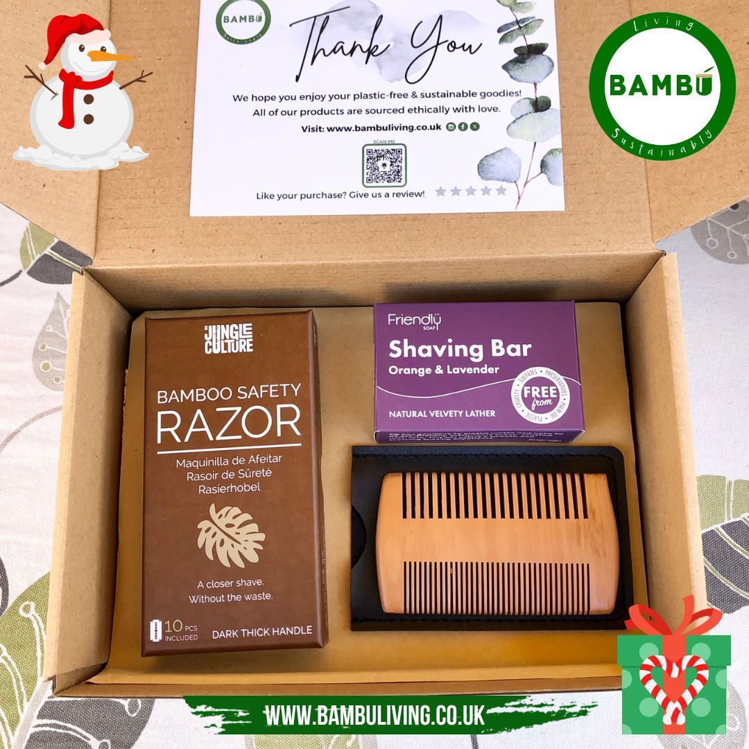 BambuLiving's tweet photo. Sustainable Gift Set Idea - for HIM 🎁🧔🏻‍♂️
https://t.co/kRDjTgxMWf
Do you find it more challenging to buy for men? If so, this gift idea may help. 
This Gift Box has:
 🪒 A Stylish Metal Safety Razor
🧔🏻‍♂️Wooden Beard Comb  
🫧Plastic-free Solid Shaving Bar
#giftideas #forhim https://t.co/7D5KA6oNF3