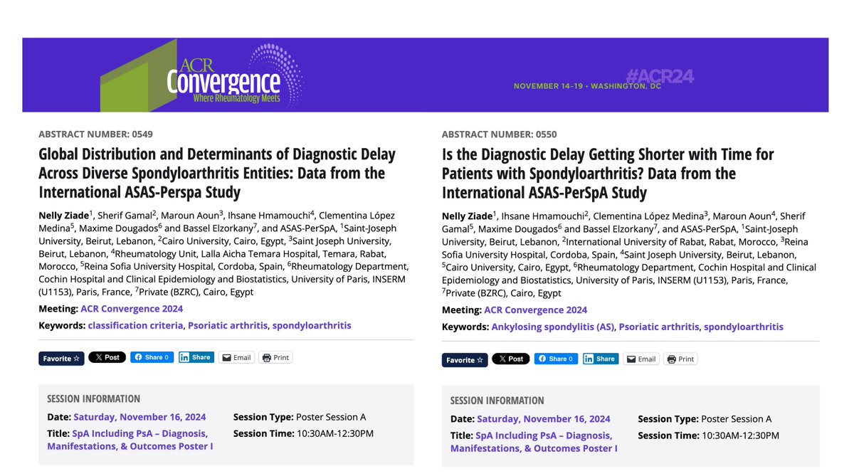 Official_ASAS's tweet photo. ๐ New data of ASAS-PerSpA study presented at ACR 2024!!!
See how diagnostic delay affects all forms of Spondyloarthritis.
Poster Session A, Saturday, 10:30 AM-12:30 PM
#Rheumatology #SpA #ACR2024 #ASASPerSpA https://t.co/0WnK9yGKnr