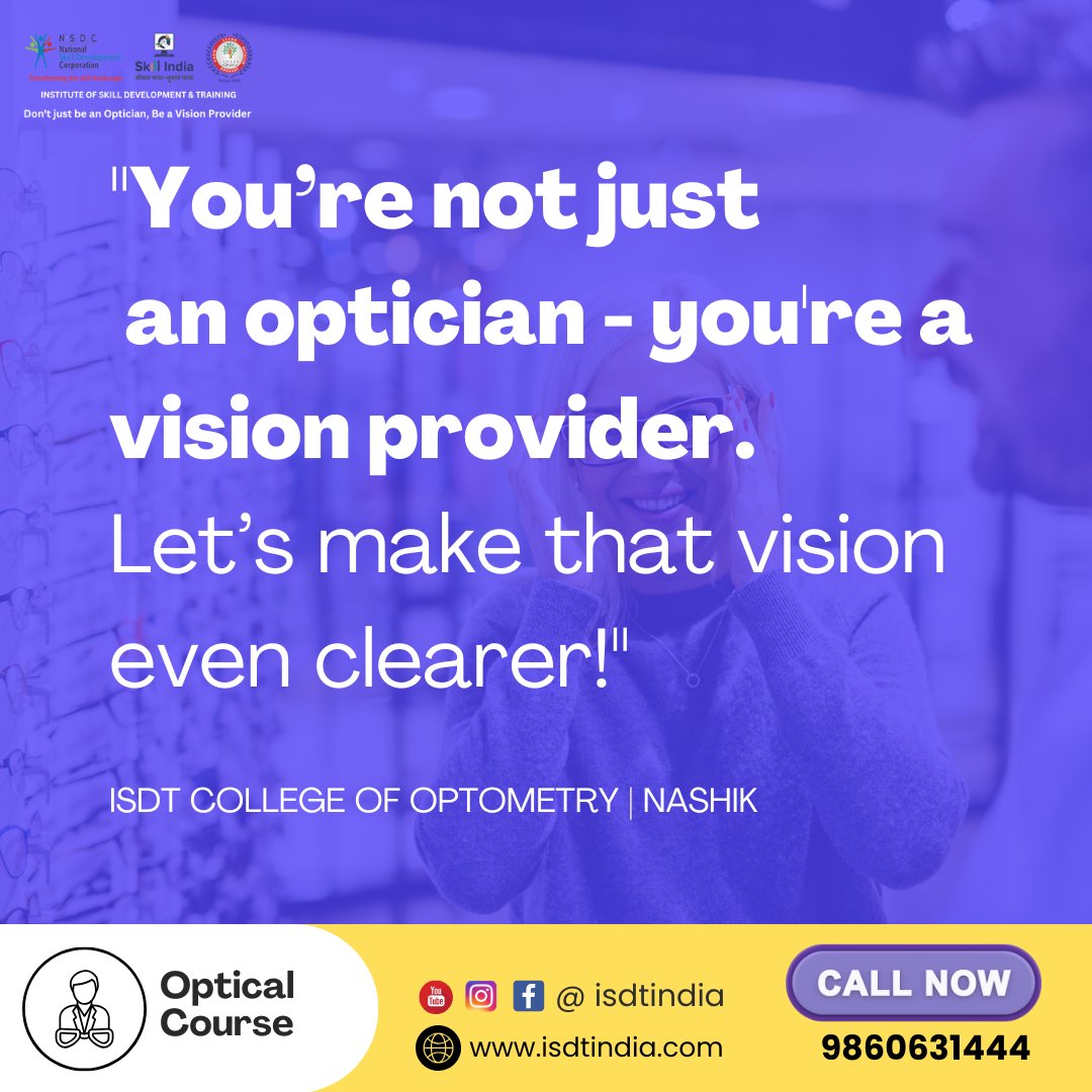 InstituteofSki1's tweet image. Become a Vision Provider! 🌟
Join ISDT College of Optometry and elevate your career in eye care. Let’s make every vision clearer together!
📞 Call: 9860631444
#Optician #VisionProvider #Optometry