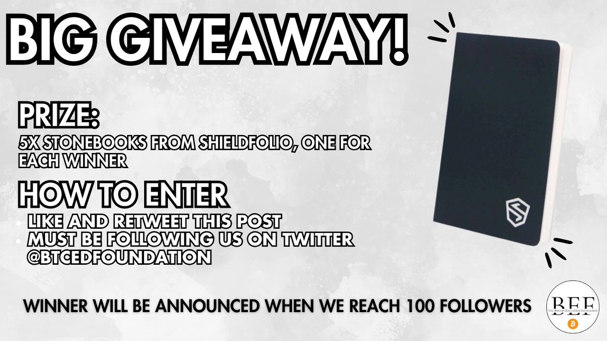 btcedfoundation's tweet photo. 🚨 IT’S TIME FOR A GIVEAWAY!

5X Stonebook’s from our partner @shieldfolio

🔹Each winner will receive one Stonebook, free shipping for US residents and shipping available worldwide!

🔹Winner picked once we reach 100 Followers! 

LETS GO! 🔥 https://t.co/Z4ZtQgcLbV
