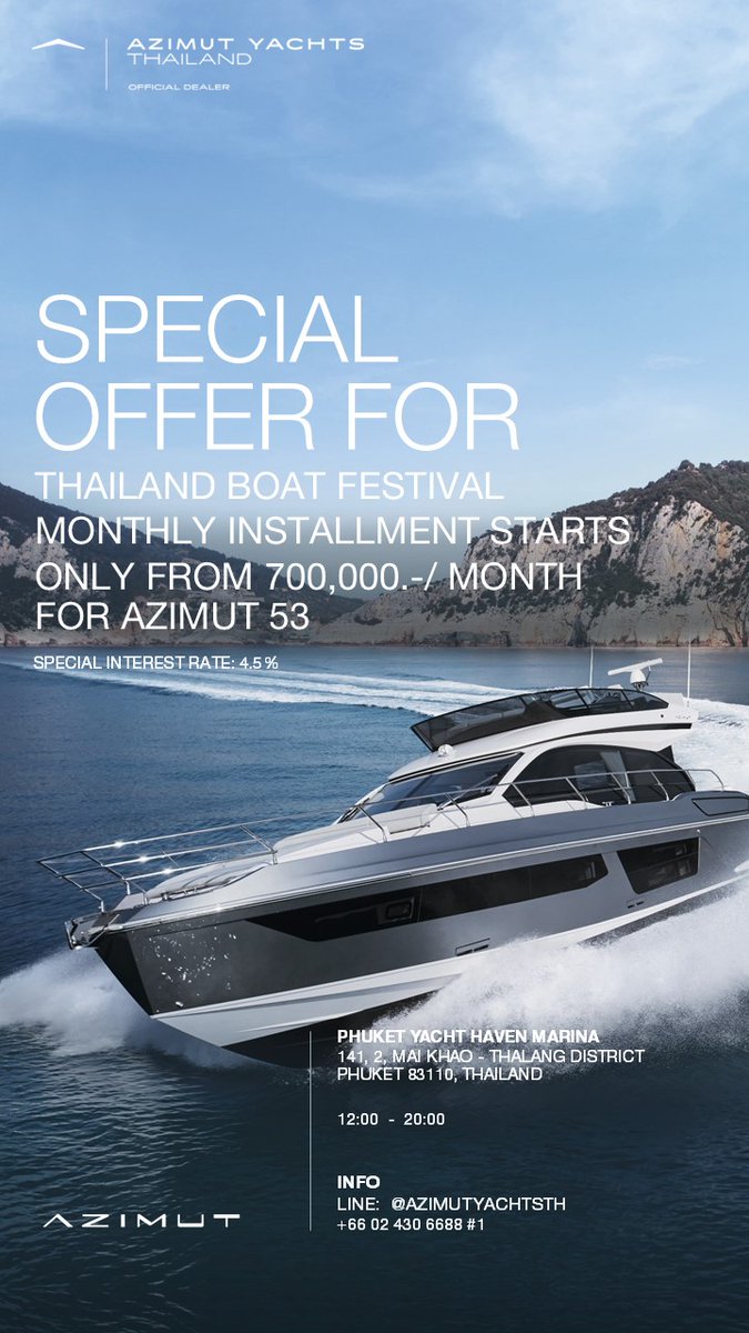 AzimutYachtsTH's tweet photo. Azimut Yachts Thailand – Official Dealer
by MGC Marine &amp; Charter (Asia) Co., Ltd.
invites you to the Thailand Boat Festival 2024
13-17 November 2024
Yacht Haven Marina

#AzimutYachtsThailand #MGCMARINE #Thailand #Yacht #Luxury #LuxuryYachts #AzimutYachts #BoatFestival2024 https://t.co/j005b4ufwX