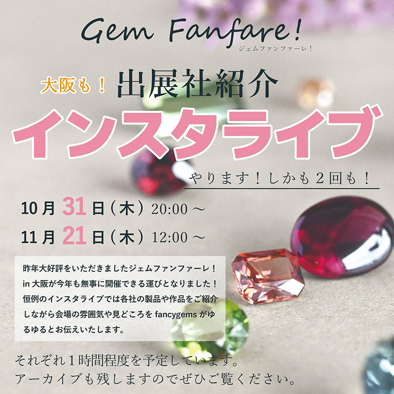 Homarenokazari's tweet photo. 11月21日12:00から、「ジェムファンファーレ!in大阪」のインスタライブを @fancygems 様がして下さいます。
イベント直前に、気になるアイテムを沢山見つけて頂ければと思います。
#ジェムファンファーレ #インスタライブ #fancygems https://t.co/9MzPzKMil1