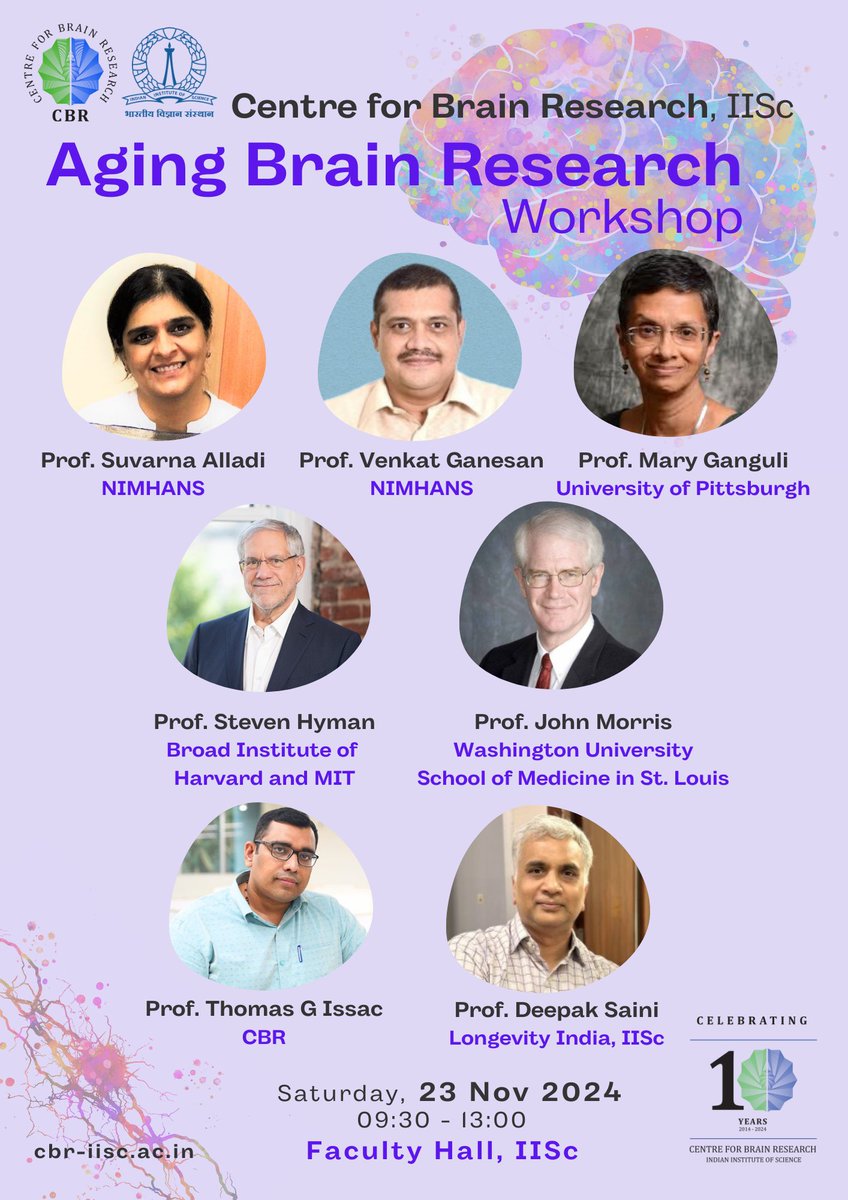 #CBRworkshop

🧠Please join us next Saturday (23 Nov) at Faculty Hall, <a href="/iiscbangalore/">IISc Bangalore</a>, for exciting talks on the latest in several dimensions of #aging #brain research &amp; insights on tackling the growing burden of neurodegenerative diseases.

🔗cbr-iisc.ac.in/events-aging-b…
#BrainHealth
