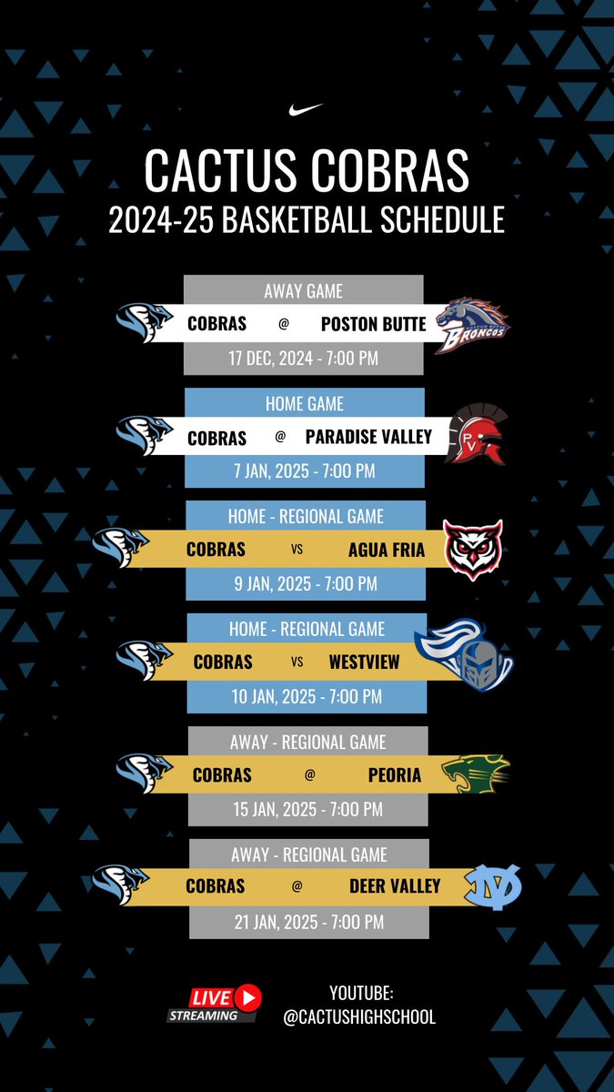 CobraStrong's tweet photo. 2024-2025 Cactus Cobras schedule. https://t.co/WE8TYc8h3Y