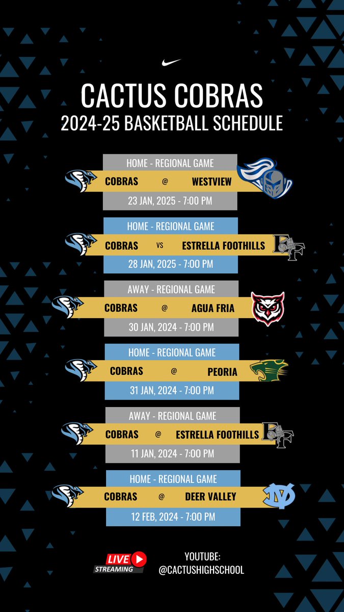 2024-2025 Cactus Cobras schedule.