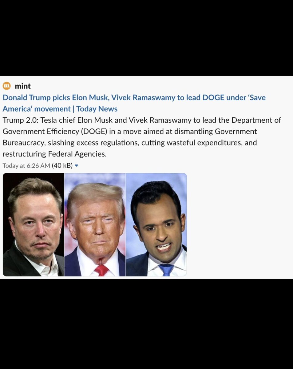 Very interesting development!  
<a href="/elonmusk/">Elon Musk</a> &amp; <a href="/vivekramaswami/">Vivek Ramaswami</a> will lead the Department of Government efficiency (DOGE) under <a href="/realDonaldTrump/">Donald J. Trump</a>'s government.  
#SHIBARMY