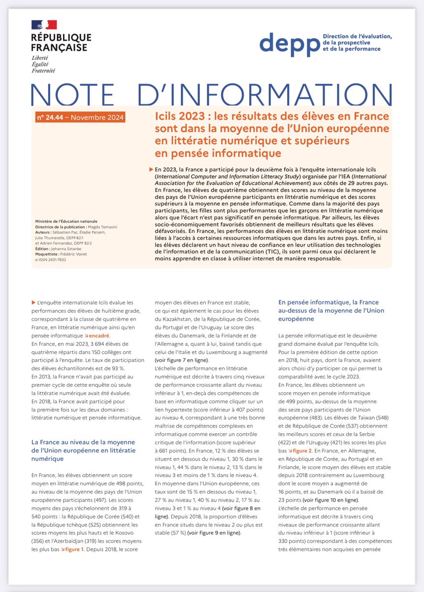 PhilRoederer's tweet image. 📊 #ICILS2023 : Où en sont les élèves de 4e en France en #littératienumérique et en #penséeinformatique ? Un thread sur les dernières données révélées par la #DEPP👇 #Éducation #Numérique #CitoyennetéNumérique
 education.gouv.fr/icils-2023-les…