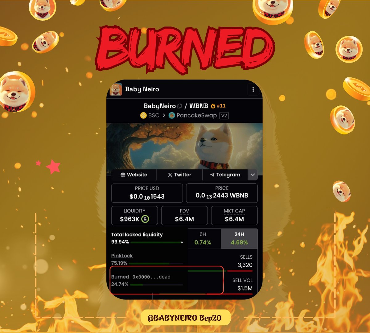 BabyNeiro_bep20's tweet image. 🔶️BabyNeiro just burned 24.4% liquidity! 

🔶️You might not have noticed, but while you were busy, Babyneiro was making its move—poof, 24.4% gone! 

🔶️Less supply, more potential! Are you ready for what’s next?