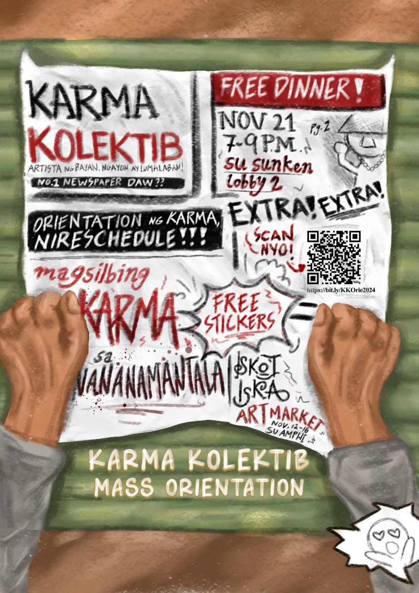 Nabasa mo na ba yung balita? 📰 May bagong schedule na daw Karma Orientation ngayong Nobyembre 21, 2024, 7PM sa SU Sunken Lobby 2‼️

Punan ang Registration Form:
bit.ly/KKOrie2024

Psst! Nasa SABAYAN, SA BAYAN: POP-UP MARKET nga pala kami! 🧑‍🎨