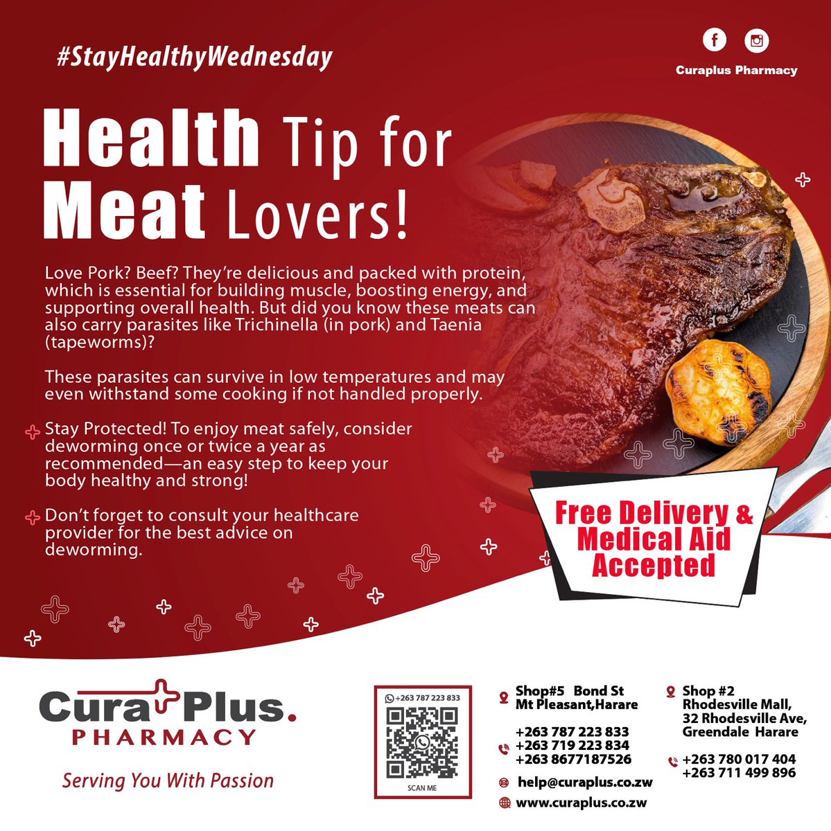 CuraplusP's tweet photo. Love Pork? Beef? They’re delicious &amp; packed with protein, which is essential for building muscle, boosting energy,&amp; supporting overall health. Did you know these meats can also carry parasites like Trichinella &amp; Taenia?
To enjoy meat safely, consider deworming. Visit your Doctor. https://t.co/xOrtbC3Ede