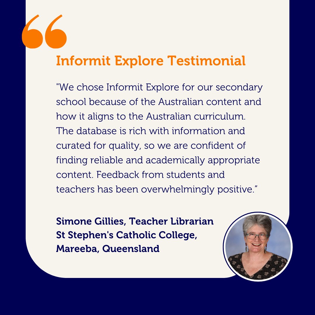 Thank you, Simone Gillies from St Stephen's Catholic College for sharing your experience with Informit Explore.

Are you using Informit Explore at your school? We'd love to hear your story in person! Come chat with our team at the SLAV Conference at the MCEC on November 29th.