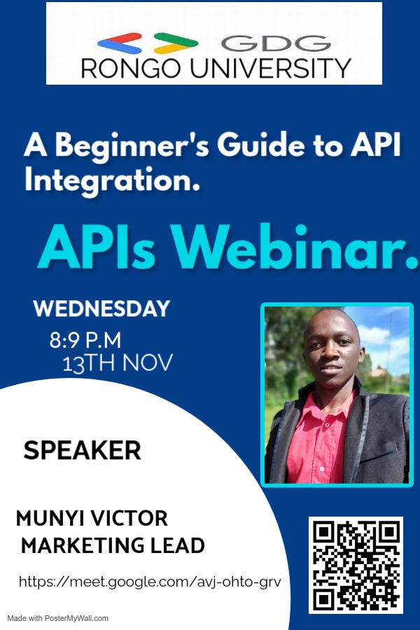 Introduction to APIs online webinar.

 Facilitator: @munyi_victor 
Meeting Link:
meet.google.com/avj-ohto-grv