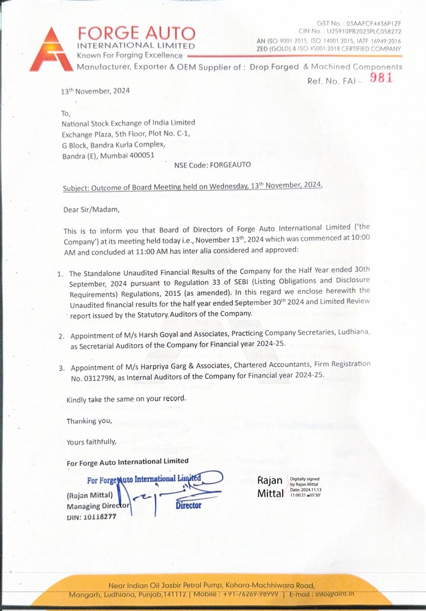 nileshkurhade's tweet photo. ๐ Forge Auto International Limited informed the exchange about its approval for the financial results for the half year ended September 30, 2024. #SME #FORGEAUTO ๐๐งพ https://t.co/YViJ9nlEY1