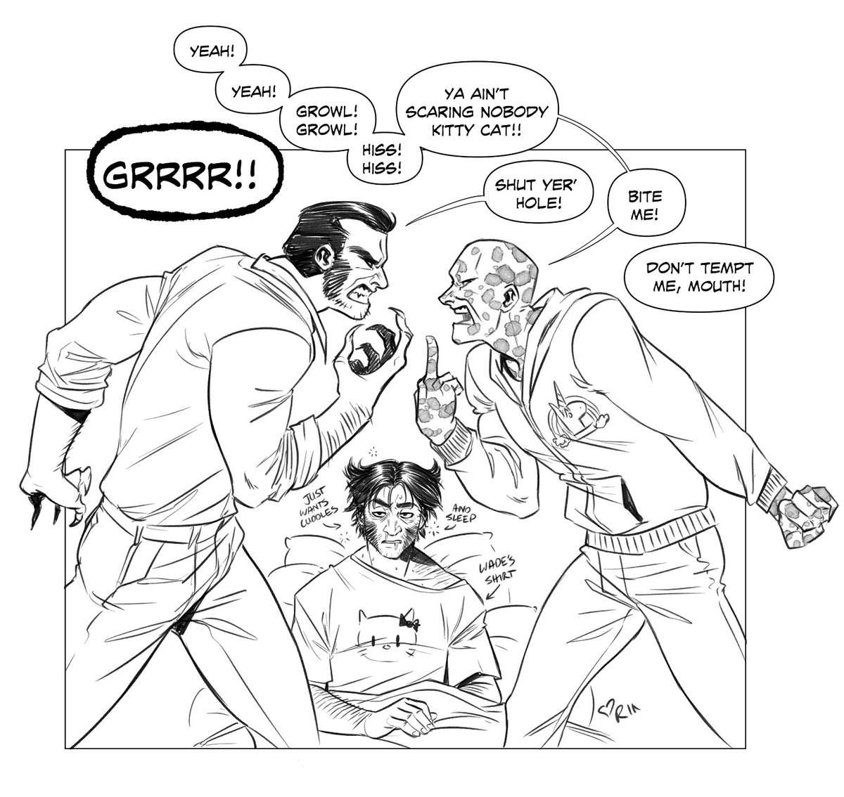 From my head cannon that Victor from Logan’s timeline isn’t a psychopath: When you’ve got an overprotective older brother who doesn’t get along with your equally overprotective boyfriend but you’re sick and all you want is cuddles and a decent nights sleep #poolverine #deadclaws