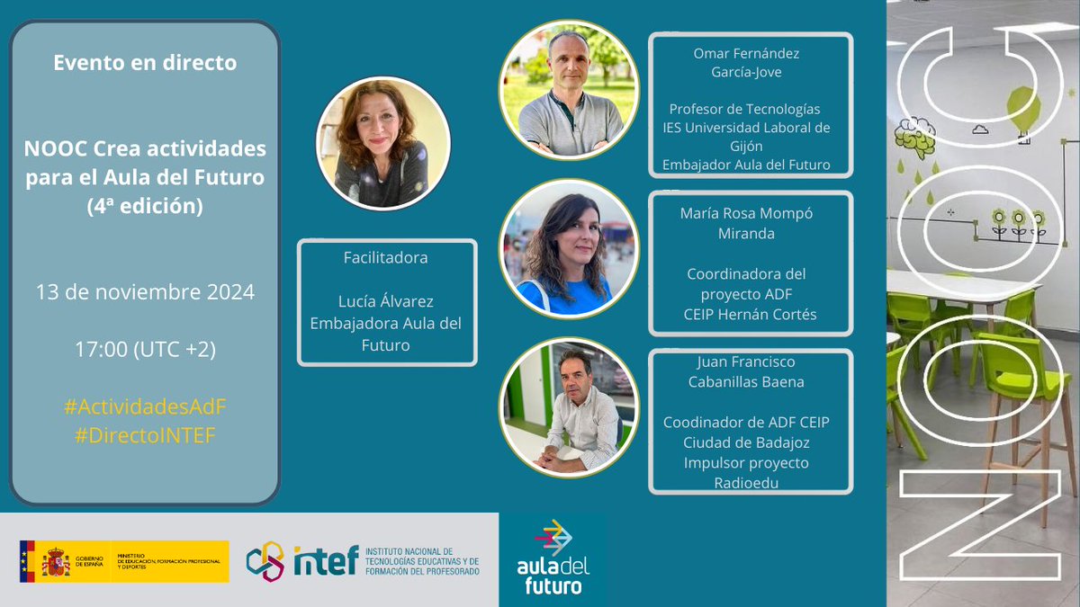 luciaalvarez's tweet photo. 🗓️¡Ha llegado el día! Hoy a las 17:00 horas 👉Evento de facilitación en directo del NOOC "Crea actividades para el Aula del Futuro"👈 de @educaINTEF  ¡No te lo pierdas! Contaremos con @rosamompo, el @CEIPBadajoz y @omarfgj https://t.co/I1RgLYLeUU #actividadesAdF https://t.co/a8gqQWnkpK