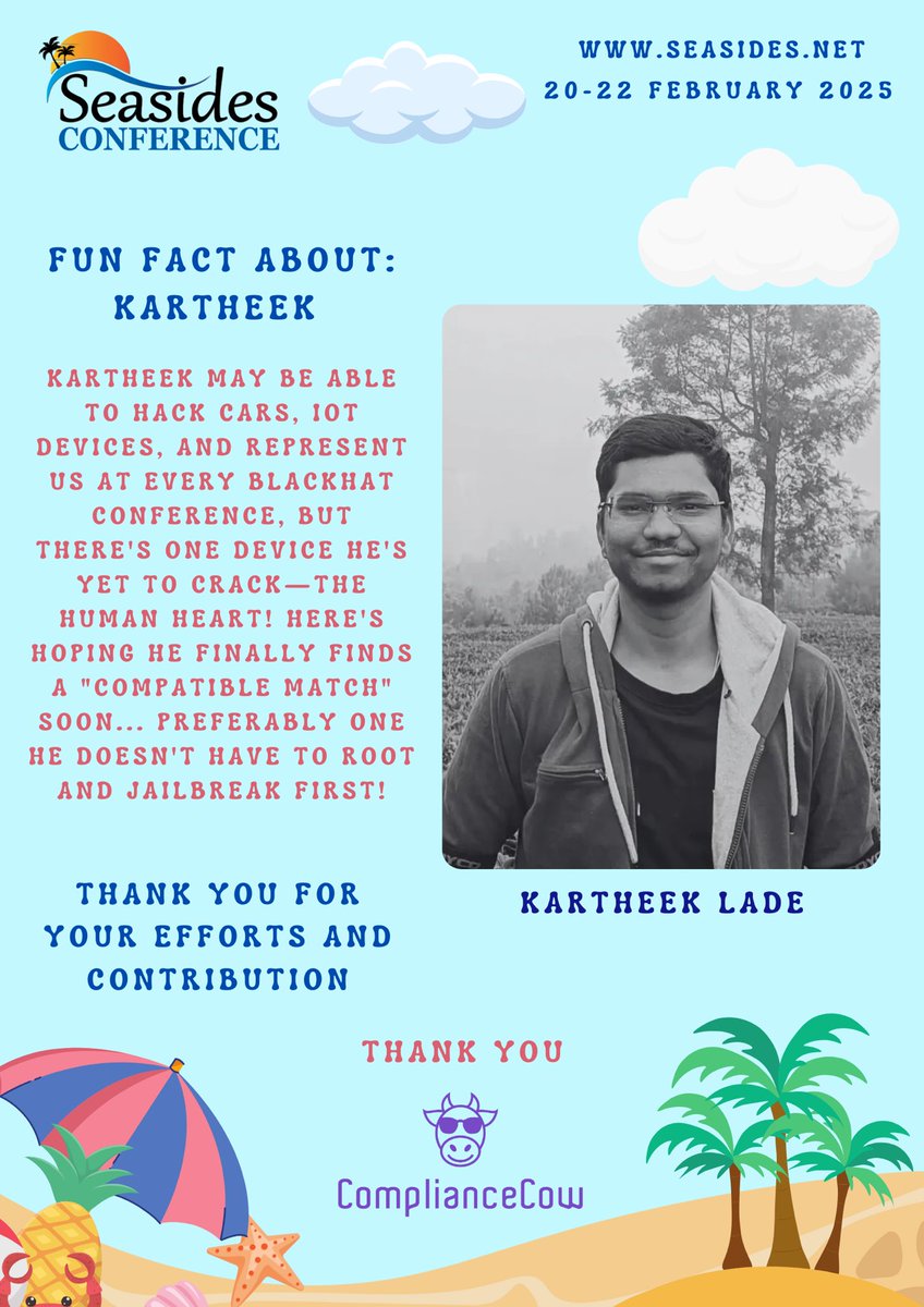 Seasides (@seasides_conf) on Twitter photo <a href="/0xh3nry/">Kartheek Lade</a> is one of our star volunteer. Joining us as a student and then speaker and now part of our core team. Kartheek has motivated many and we are grateful for all the hardwork he does for the team.
As always thanks to our sponsors <a href="/ComplianceCow/">ComplianceCow</a> <a href="/0xh3nry/">Kartheek Lade</a> is one of our star volunteer. Joining us as a student and then speaker and now part of our core team. Kartheek has motivated many and we are grateful for all the hardwork he does for the team.
As always thanks to our sponsors <a href="/ComplianceCow/">ComplianceCow</a>
