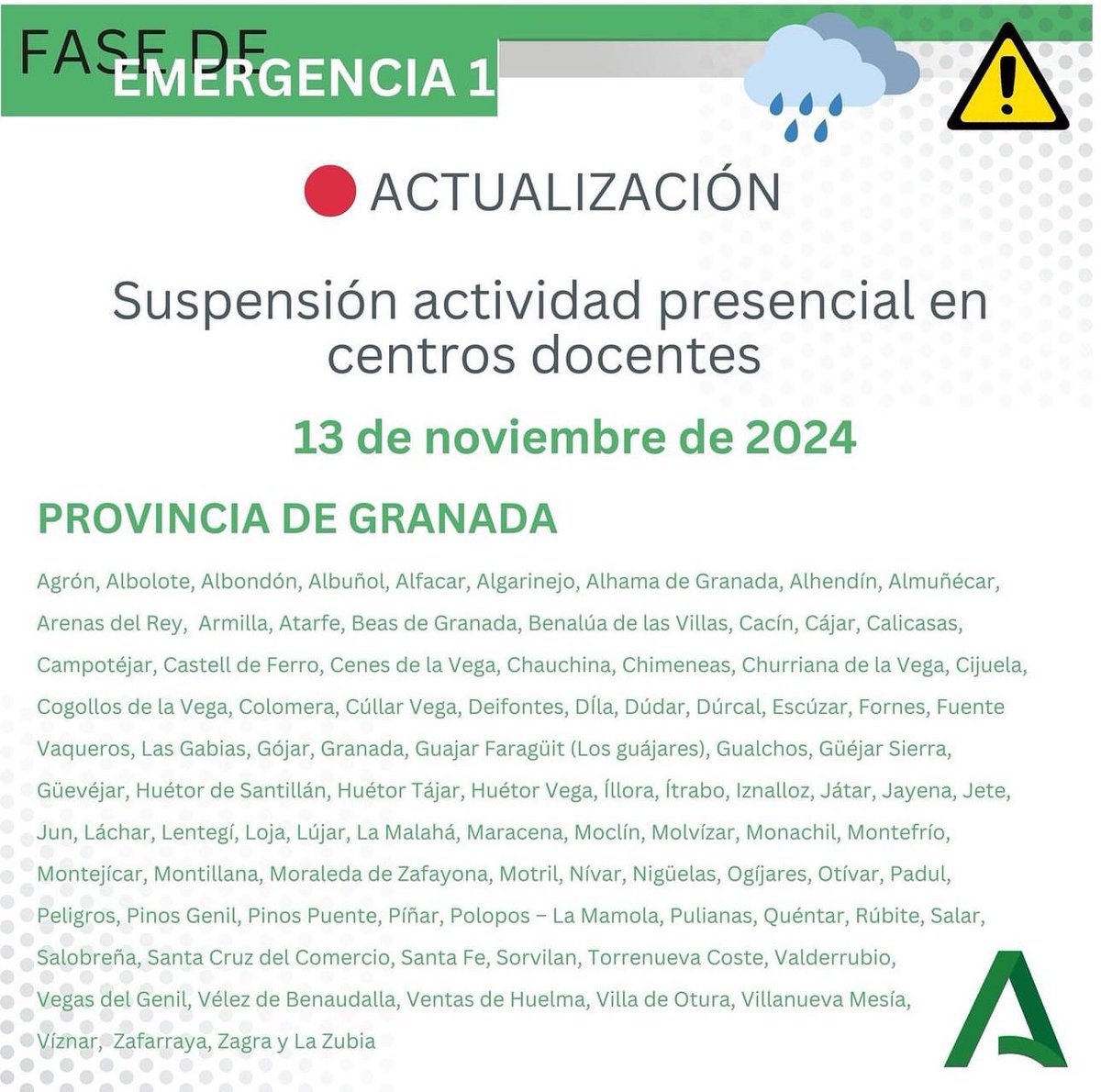aytogr's tweet image. Actualización desde @AndaluciaJunta 

📌Se suspenden las clases en los centros de #Granada capital, cuenca del Genil y Costa Tropical para hoy miércoles 13 de noviembre.  

📌Se suspende la actividad en centros de día, de personas con discapacidad y de personas dependientes