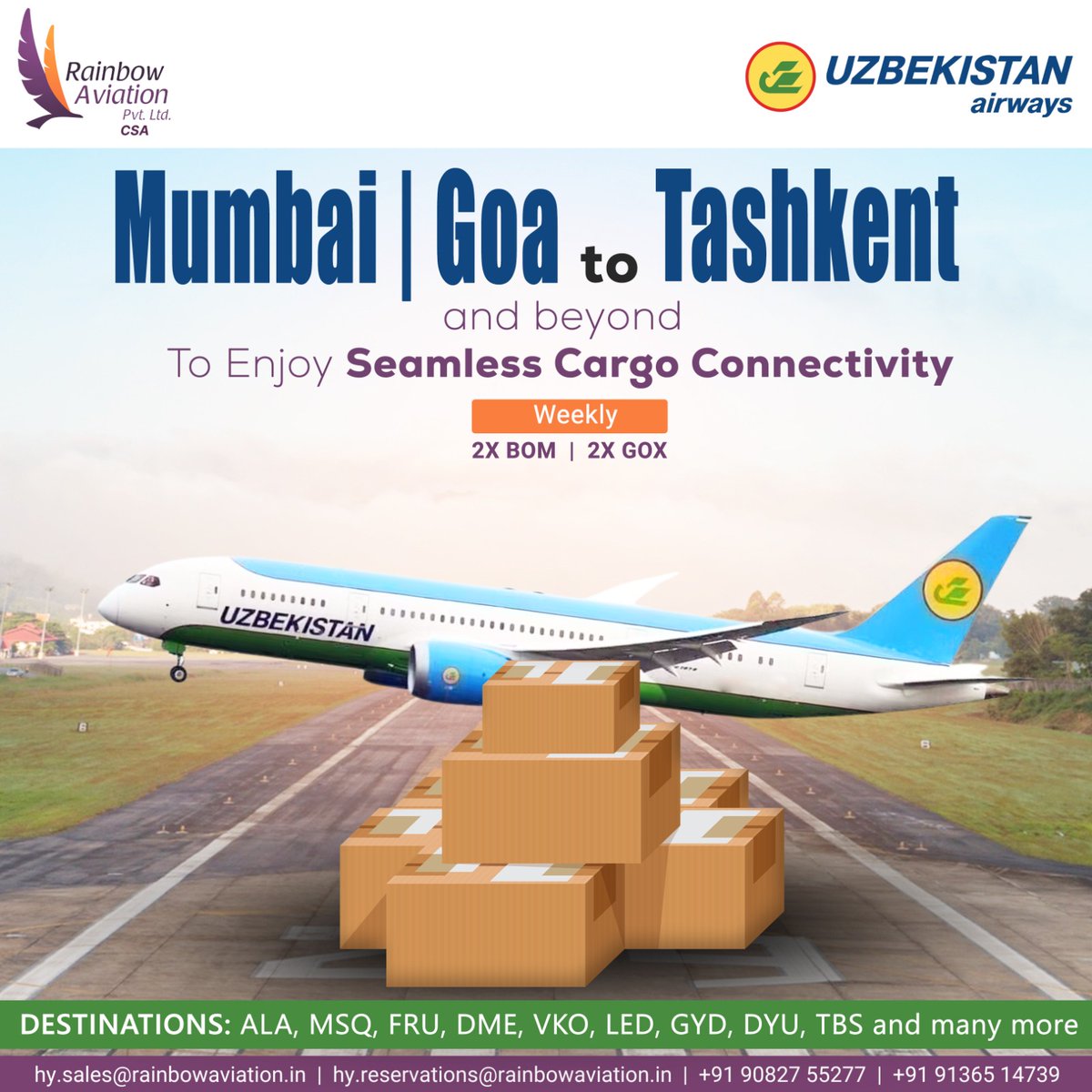 Enjoy Seamless #Cargo Connectivity from #Mumbai and #Goa to #Tashkent and beyond

Book your cargo now 📦

#cargogsa #gsa #gssa #aircargo #aviation #airshipments #aircargogssa #airlines #cargoairlines #goa #goatotashkent #mumbaitotashkent #uzbekistanairways #bookyourcargo