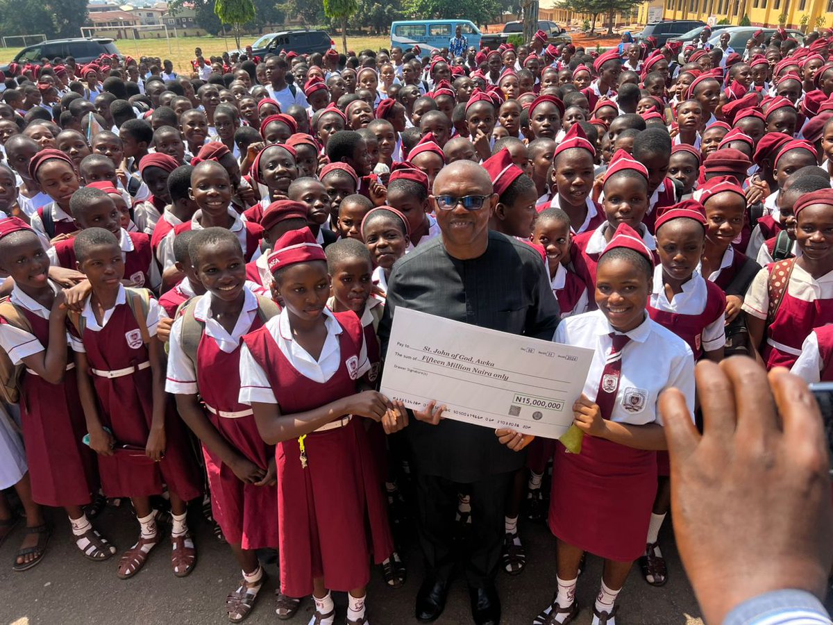 PeterObi's tweet photo. Yesterday, I visited St. John of God Secondary School in Awka as part of their 60th-anniversary celebration. After encouraging the students to take their education seriously, especially skills acquisition as a foundation for future success, I presented a cheque of 15 million Naira to the school on behalf of Mrs. Bridget Egodi Egbujiobi (formerly Bridget Egodi Akaigwe, Class of 1979).

During a recent visit to the United States, I was warmly hosted by Dr. Leo and Mrs. Bridget Egbujiobi. In our discussions, Mrs. Egbujiobi expressed her pride as an alumna of St. John of God Secondary School, Awka. 

I mentioned the upcoming anniversary event and the school’s need for support, and, recognising the impact this contribution could have, she generously decided to make this donation, which I presented today.

Following this, I visited the new Regina Caeli School of Nursing in Awka, where I contributed 10 million Naira in support.

My commitment remains steadfast: to support critical areas of development in education, healthcare, and poverty alleviation.

A new Nigeria is POssible! 

-PO
