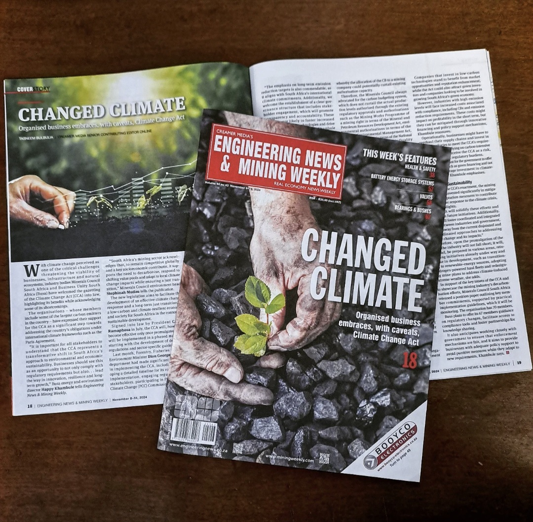 PolityZA's tweet image. In the Nov 8–14 edition, @EngNewsZA &amp;amp; @MiningWeekly examines organised business&apos; response to the Climate Change Act, challenges, and impacts. Also featured: Health &amp;amp; Safety, Battery Storage, Valves, and Bearings.

#EngineeringNews #MiningWeekly #ClimateChangeAct